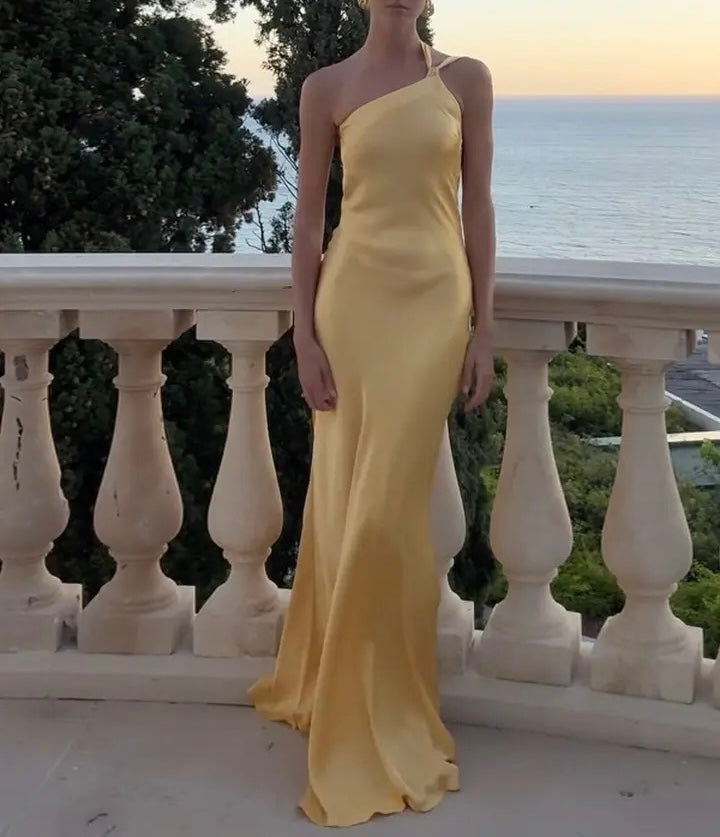 Yellow satin long dress with open back