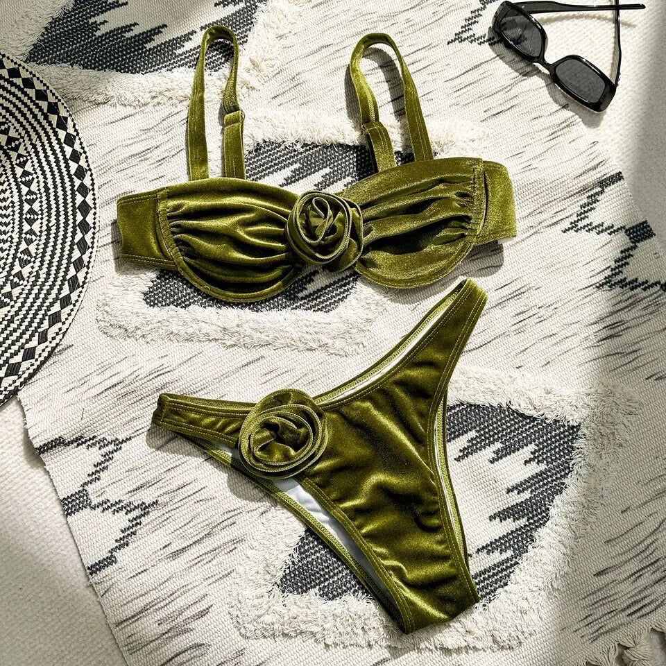 Velvet Push Up Micro Bikinis Set Green Flowers Padded Thong Two Piece Swimsuit Swimwear