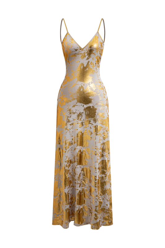 Dress, elegant, long, gold with open back