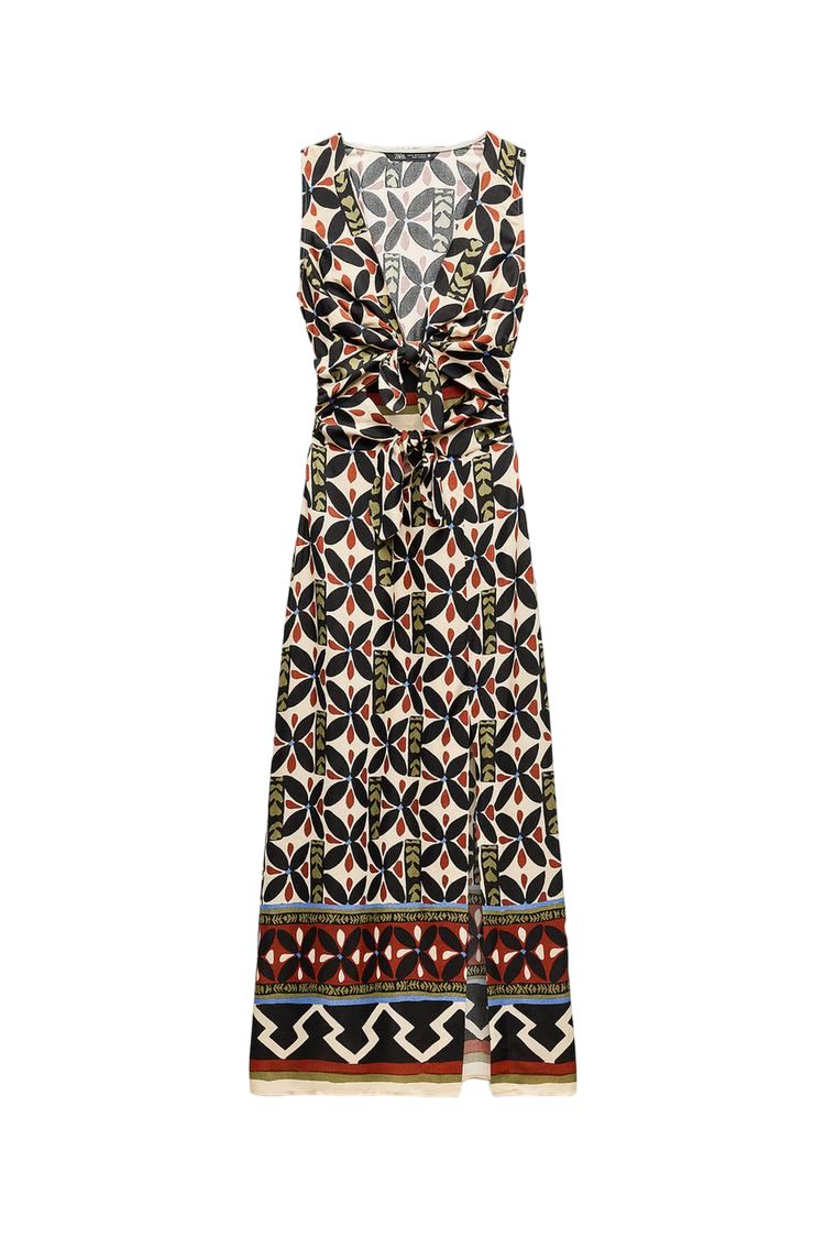 Sleeveless long dress with knot print