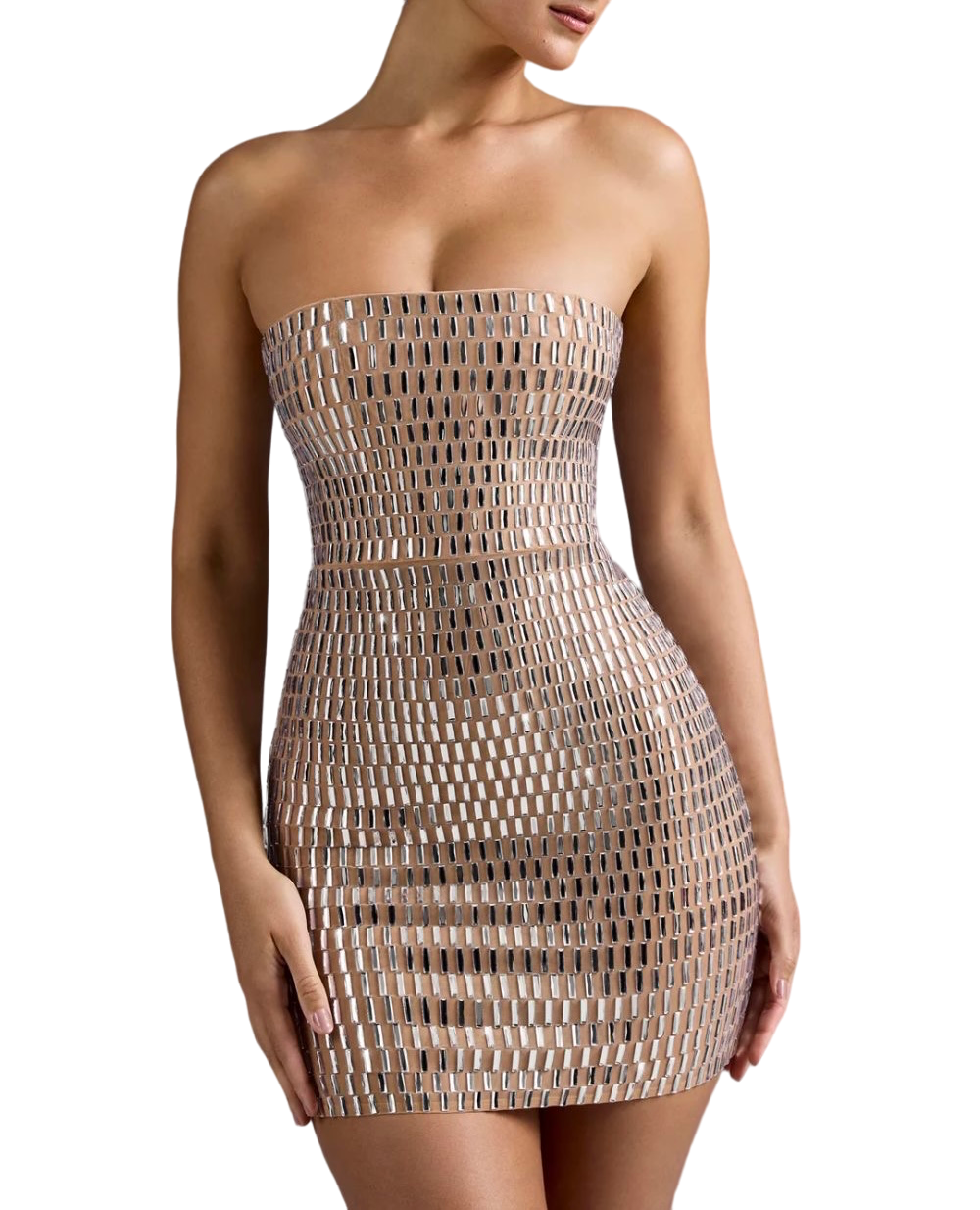 Women's Sexy Khaki Strapless Mini Dress with Shiny Diamond Trim