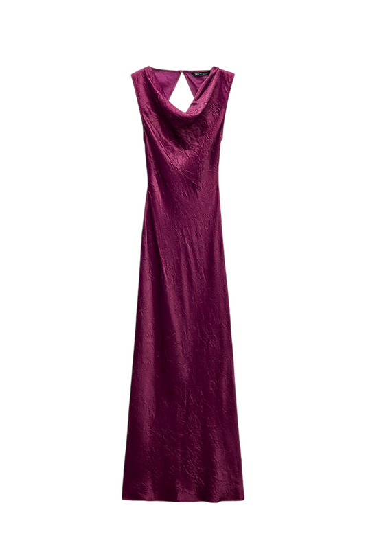 Sleeveless dress with draped neck and silk satin texture