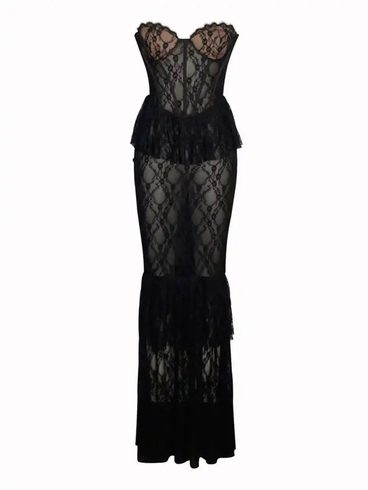 Long black dress with transparent lace