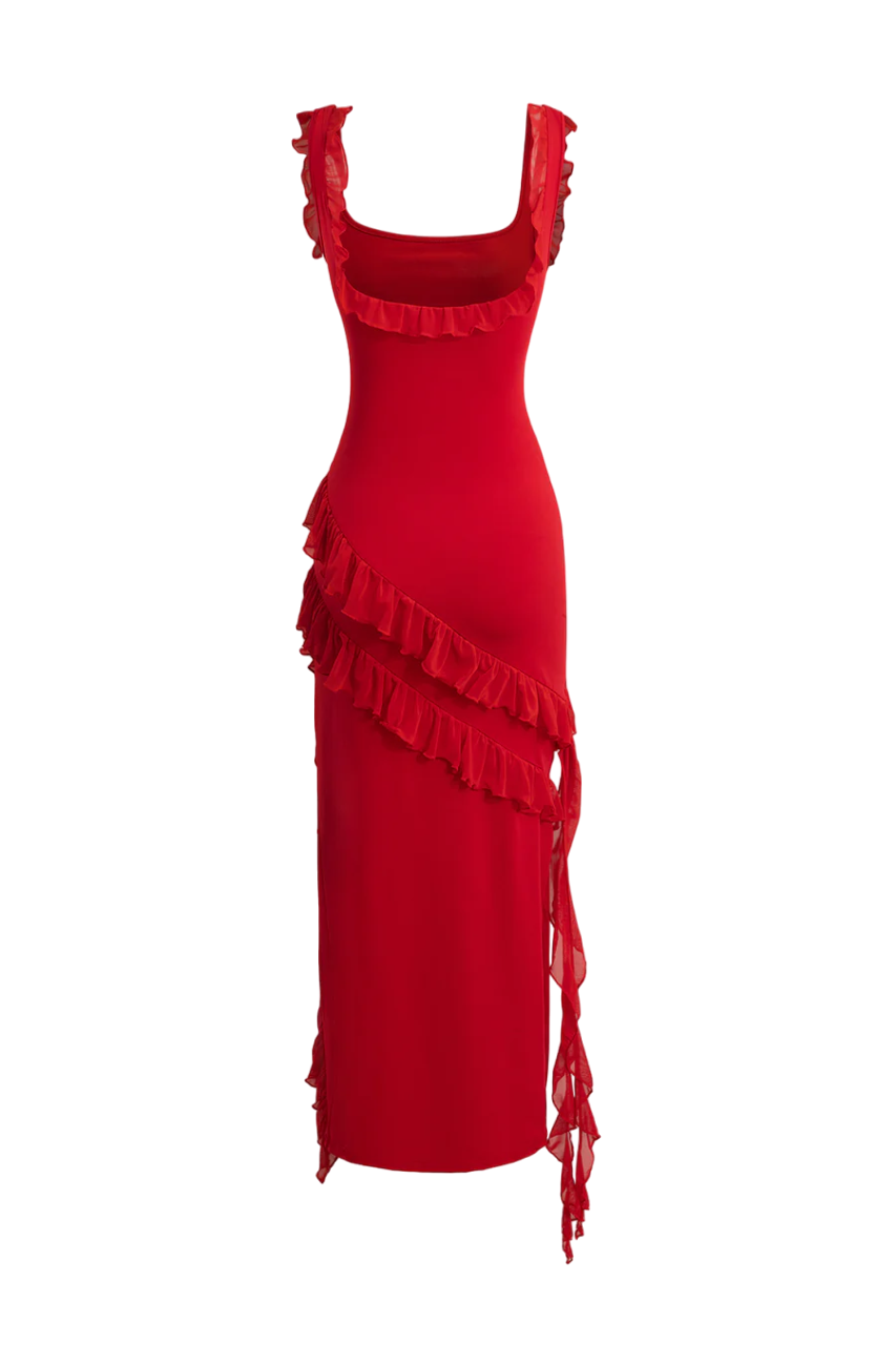 Long red dress with ruffles