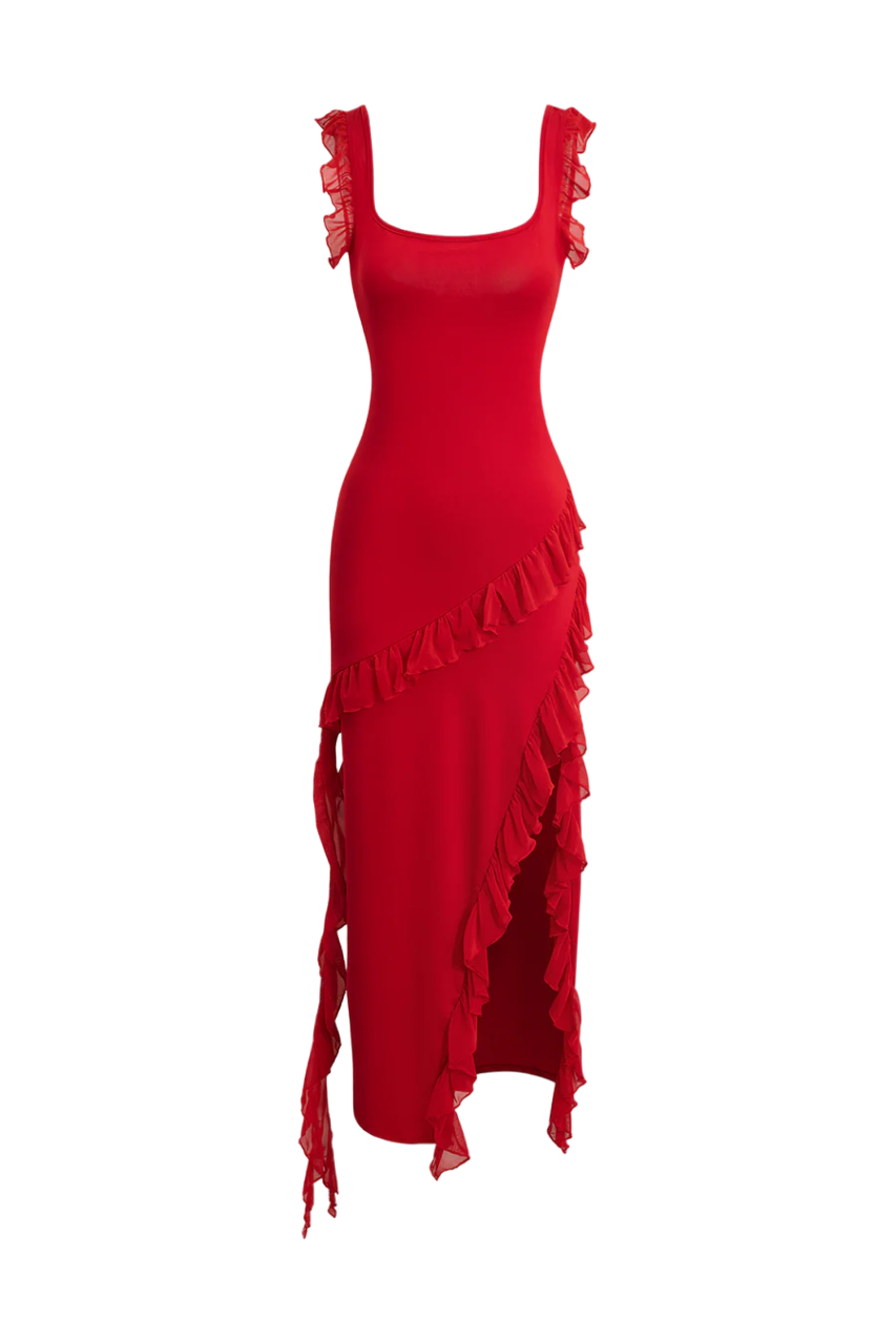 Long red dress with ruffles